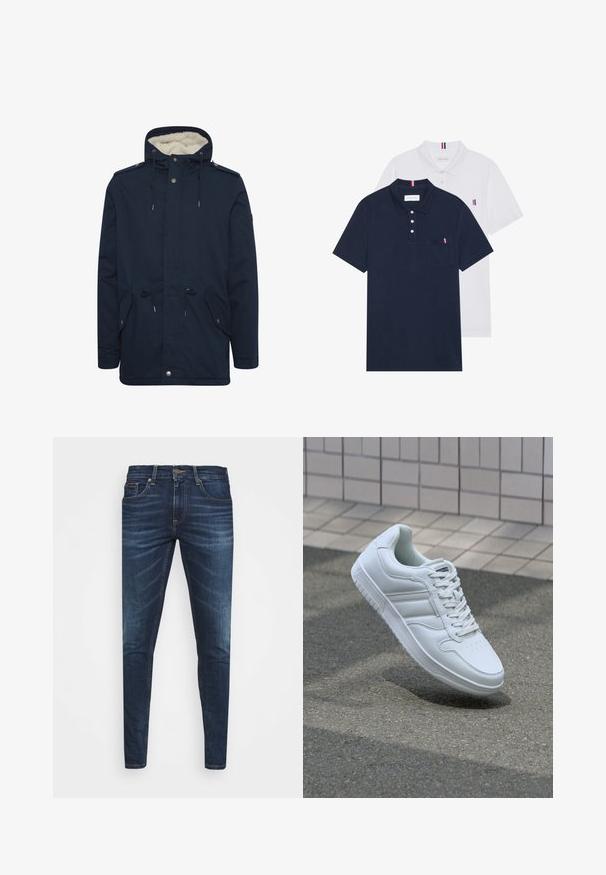 Mornarsko modra parka jakna z nastavljivim naramnim pokrovom, sprednjimi žepi in mehkimi notranjimi oblogami. Ima zaponke na gumb in zadrgo.; Dve polo majice: ena mornarsko modra in ena bela, obe z majhnim rdečim, belim in modrim poudarjanjem na žepu in ovratniku.; Temno modri kavbojke ozkega kroja, s subtilnim bledenjem, petimi žepi in kovinskim zapiranjem na gumb. Oštrikanje z akcenti v kontrastni barvi.; Bela atletska teniska obutev z gladkim usnjenim zgornjim delom, vezanjem spredaj, perforiranim prstom in vzorčastim podplatom. Minimalistična zasnova s tremi stranskimi črtami.