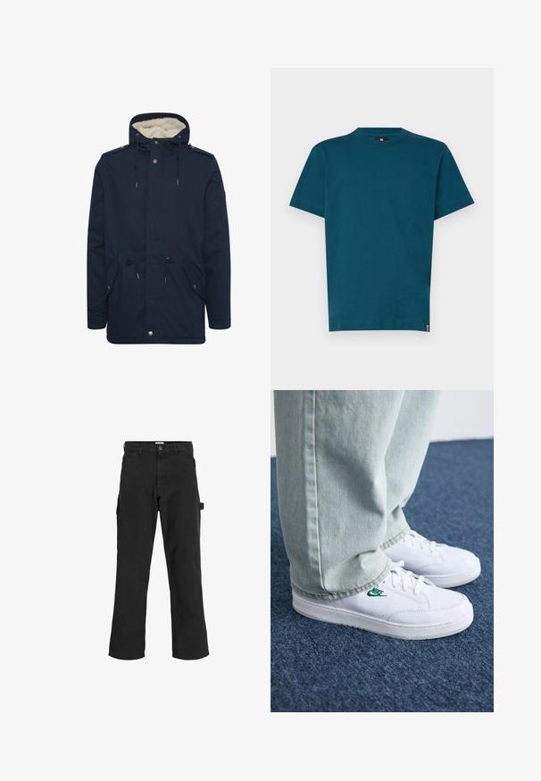 Navy blue parka jacket with adjustable drawstring hood, front pockets, and a soft inner lining. Features snap and zipper closures.; Teal cotton T-shirt with a round neck and short sleeves. Features a straight cut and small brand label on the side. Smooth texture.; Black cargo pants in cotton blend fabric. Features wide legs, front slant pockets, and a side pocket with a loop for accessories.; White leather sneakers with green Nike logo, round toe, flat sole, paired with light blue denim pants, shown on a blue carpet.