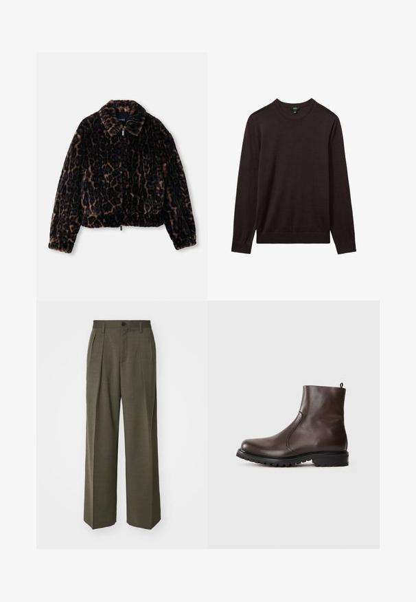 Tamsiai ruda dirbtinio kailio trumpa striukė su leopardų raštu, turinti apykaklę, ilgomis rankovėmis ir priekinį užtrauktuką.; Reiss Džemperis - dark bordeaux; Filippa K WIDE TROUSERS - Kelnės - driftwood; Rudos odinės aulinukai iki kulkšnies su lygiu paviršiumi, elastingomis šoninėmis dalimis, užtrauktuku gale ir sunkiu guminėm padu.