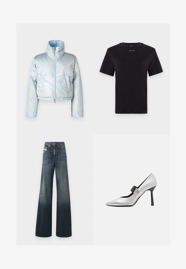 Világoskék rövid puffernadrág magas gallérral, cipzárral záródik, elöl két zsebe van, és kontrasztos kék varrási részletekkel rendelkezik. Simító felület.; Fekete pamut póló rövid ujjakkal, kerek nyakkivágással és kis fehér "Calvin Klein" logóval a mellkasnál. Simás textúra, klasszikus fazon.; Sötétkék, széles szárú farmernadrág, fakó hatással, kopott térddel és klasszikus, öt zsebes kialakítással, matricával.; Ezüst bőr magassarkú cipő, hegyes orral, fekete szíjjal kiemelve és fényes felülettel, vékony sarkával és elegáns vonalvezetéssel.