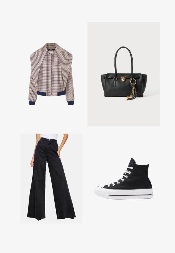 Giacca bomber a scacchi con zip frontale, polsini e colletto blu. Il tessuto principale presenta un motivo crema, rosso e blu. Texture morbida.; Due magliette senza maniche, in bianco e nero, realizzate in cotone a coste, con colli rotondi e un design aderente. Etichette visibili su entrambe.; Jeans neri a gamba ampia realizzati in denim. Vita alta con chiusura a bottoncino, caratterizzati da un design pulito e senza motivi o accenti prominenti.; Sneaker alta nera in tela con occhielli e lacci bianchi e suola in gomma. Presenta un punta testurizzata e accenti a strisce bianche e nere.; Borsa a mano in pelle nera con doppi manici, lucchetto dorato e dettaglio a catena, accessorio con nappina in bianco e nero su sfondo bianco.