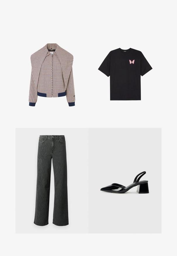 Karierter Bomberjacke mit Reißverschluss, navyfarbigen Bündchen und Kragen. Der Hauptstoff ist mit einem cremefarbenen, roten und blauen Muster versehen. Weiche Textur.; Schwarzes Baumwoll-T-Shirt mit kurzen Ärmeln, das ein kleines pinkes Schmetterlingsmotiv auf der linken Brust zeigt. Crewneck-Design mit einem entspannten Schnitt.; Weite Jeans aus dunkelgrauem Denim, mit einer subtilen Zebra-Muster-Struktur, kontrastierenden Nähten und einem Fünf-Taschen-Design mit einem Knopfverschluss.; Schwarze Lackleder-Slingback-High Heels mit spitzem Schuh und einem geometrischen Blockabsatz. Verfügt über ein schlankes, minimalistisches Design und eine glatte Textur.