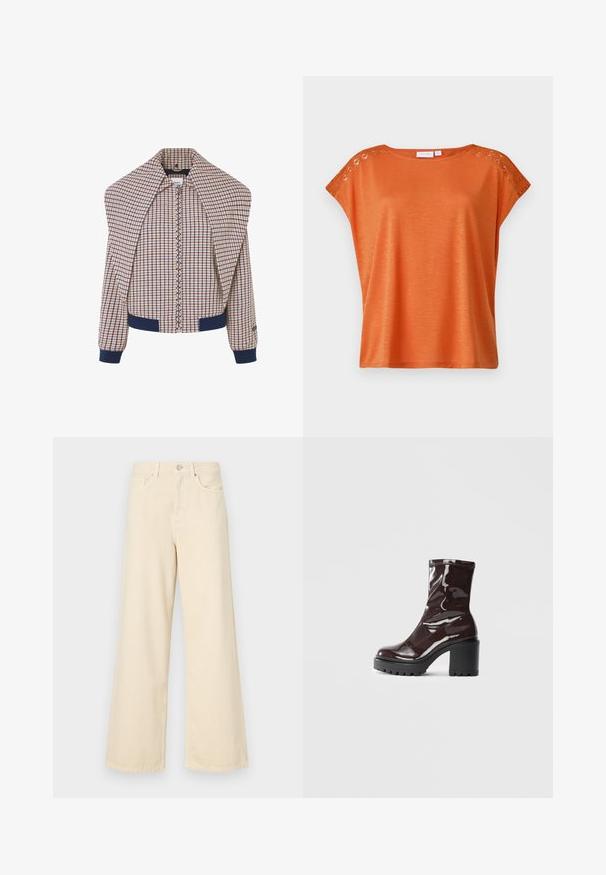 Ruuduline bomberjakk, millel on lukuga esiosa, tumesinised mansetid ja krae. Peamine kangas on ümmargune kreemi, punase ja sinise mustriga. Pehme tekstuur.; Oranž lühikeste varrukatega topp, mis on valmistatud kergest kangast. Omab dekoratiivset pitspanust õlal. Mugav lõige ja sile tekstuur.; Bežid laiad teksad, mis on valmistatud puuvillast. Omab nööbilukku, vöökohakujusid ja eesmine taskuid, millel on sile ja pehme tekstuur.; Klakav läikiv burgundi värvi pahkluu saabas, millel on paks must konts, sile tekstuur ja lihtne disain. Nähtavad kinnitused või mustrid puuduvad.