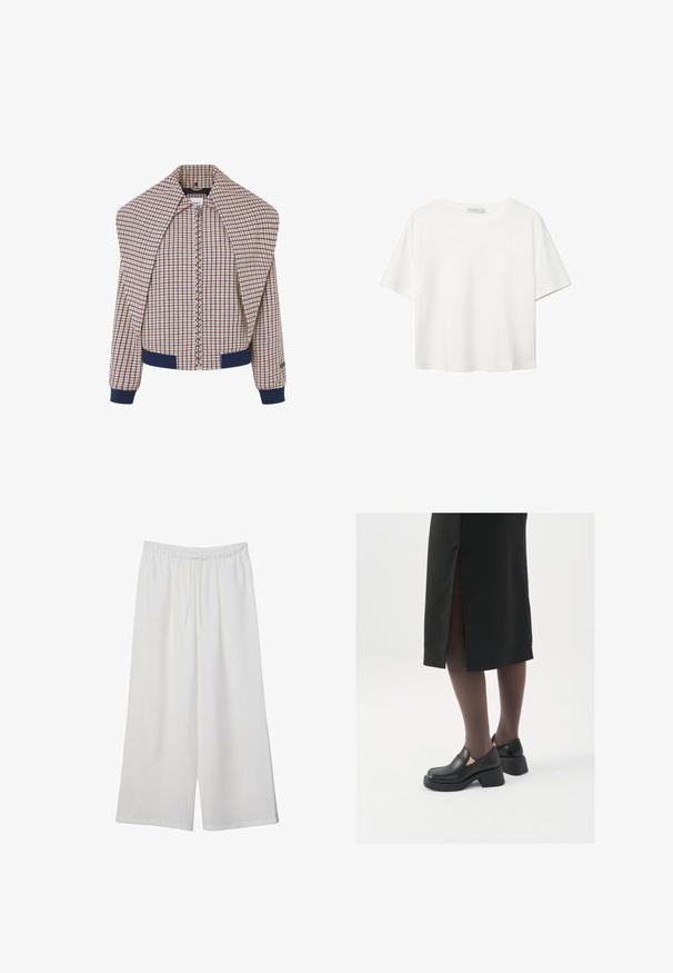 Károvaná bomber bunda so zipsom vpredu, námořními manžetami a golierom. Hlavná tkanina má krémovú, červenú a modrú vzor. Mäkka textúra.; Biela krátkopsová tričko vyrobené z bavlny. Má okrúhly výstrih a voľný strih. Hladká textúra bez viditeľných vzorov alebo akcentov.; Biele široké nohavice z ľahkého materiálu s elastickým pásom a šnúrkou na nastavenie veľkosti. Hladká textúra.; Čierne kožené topánky s okrúhlou špičkou, silným blokovým opätkom a elastickými bočnými akcentmi, skombinované s tmavými pančuchami a čiernou sukňou so štiepením.