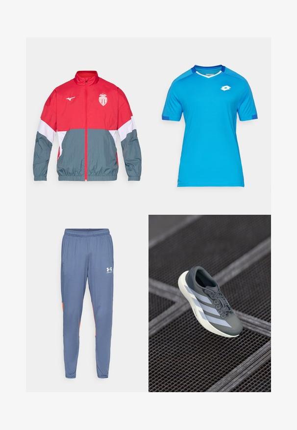 Piros és szürke szélálló dzseki, elülső cipzárral, rugós mandzsettákkal és szegéllyel. Mellkason elhelyezett logóval és színblokkolt dizájnnal rendelkezik.; Rövid ujjú sportpóló kék anyagból, hálós részletekkel. V-alakú nyakkivágással, fehér díszítéssel és egy kis fehér logóval a mellkasán.; Kék sportnadrág elasztikus derékrésszel, oldalsó zsebekkel és narancssárga díszítő panelek a külső varrás mentén, fehér logó nyomtatással.; Szürke és fehér sportcipő, szintetikus anyagból, áramvonalas kialakítással, texturált felülettel és hangsúlyos fűzőrendszerrel.