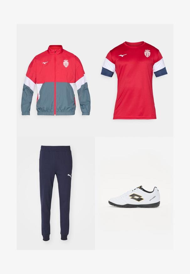 Punane ja hall tuulekindel jope, millel on esi tõmblukk, elastsed mansetid ja alläär. Sellel on rinna peal logo ja kahe värviga kujundus.; Punane spordijärjega pluus lühikeste varrukatega, valgete ja tumesiniste aktsentidega. Logo rinnal, sile tekstuur, valmistatud sünteetilisest materjalist.; Tumesinine dressipluus püksid elastse vööliistuga, kitsenevad jalad ja valge Puma logo aktsent vasakul reiel. Sile, pehme kangas.; Valged spordijalatsid mustade ja kollaste aktsentidega, millel on tekstuuriga pealisosa, ümmargune nina ja must kummist tallad. Disain sisaldab logo detaile külgedel.