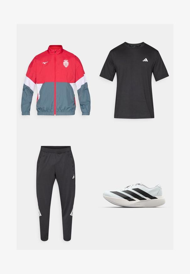 Giacca a vento rossa e grigia con zip frontale, polsini ed orlo elasticizzati. Presenta un logo sul petto e un design color-block.; T-shirt nero a maniche corte realizzato in un tessuto dalla texture liscia; presenta un logo bianco sul petto e un collo rotondo.; Pantaloni atletici neri con gambe affusolate, cintura elastica, tasche laterali e dettagli con logo bianco e strisce. Realizzati in materiale liscio e leggero.; Scarpe da corsa leggere di colore azzurro pallido con strisce nere. Presentano una tomaia liscia, punta rotonda e un'ampia intersuola bianca etichettata "LIGHTSTRIKE PRO."