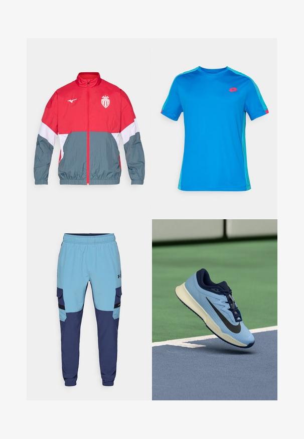 Červenošedá větruodolná bunda s předním zipem, pružnými manžetami a lemem. Obsahuje logo na hrudi a barevně členěný design.; Modrá sportovní tričko s krátkým rukávem, se světle tyrkysovými bočními panely a pruhy na ramenou, s malým červeným logem na levém prsu.; Modré a námořnické tepláky s elastickým pasem, bočními kapsami a detaily v cargo stylu. Vyrobeno z měkké, prodyšné tkaniny.; Světle modrá sportovní obuv s námořnickými akcenty, texturovaný síťový svršek a černé logo Swoosh. Obsahuje polstrovanou mezipodešev a gumovou podrážku.