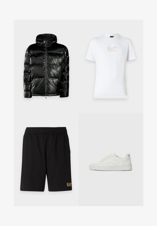 Sort pufferjakke med en blank tekstur, hætte og frontlynlås. Har quiltede sektioner og subtile prægede logo detaljer.; Hvid bomulds t-shirt med rund halsudskæring og korte ærmer, prydet med et gold EA7 Emporio Armani logo trykt på forsiden.; Sorte atletiske shorts lavet af blødt stof, med en elastisk talje og et lille gult EA7-logo nederst på venstre ben.; Hvide lædersneakers med en glat overflade, rund tå, flade snørebånd og en tekstureret sål. Har et diskret logo på hælen.