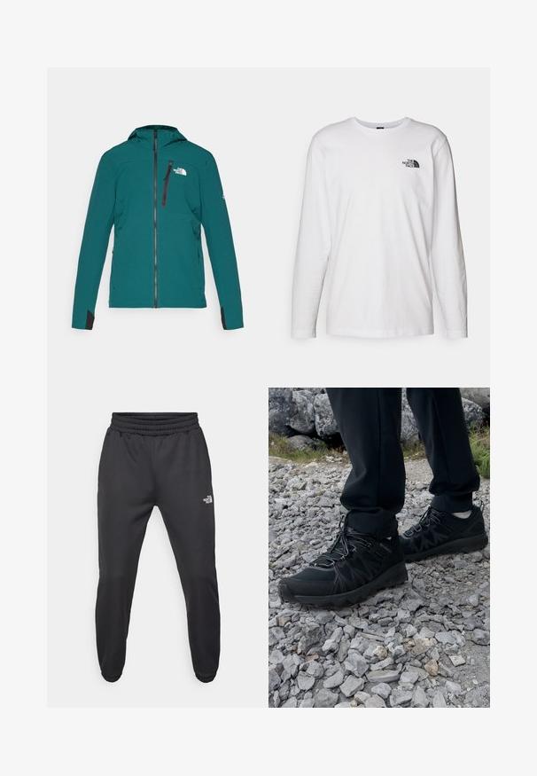Teal utendørsjakke laget av teksturert materiale, med en frontglidelås, hette og logo på venstre bryst. Inkluderer svarte detaljer på ermene.; Hvit langermet T-skjorte laget av bomull med rund hals. Har en liten svart logo på brystet. Glatt tekstur, vanlig passform.; Sorte joggebukser med snor i livet, tettsittende passform, elastiske mansjetter og en liten hvit logo på venstre lår, laget av glatt materiale.; Sorte utendørssko i svart med mesh og syntetisk materiale, med en teksturert overdel, sikret snøresystem og en robust såle, på steinete terreng.