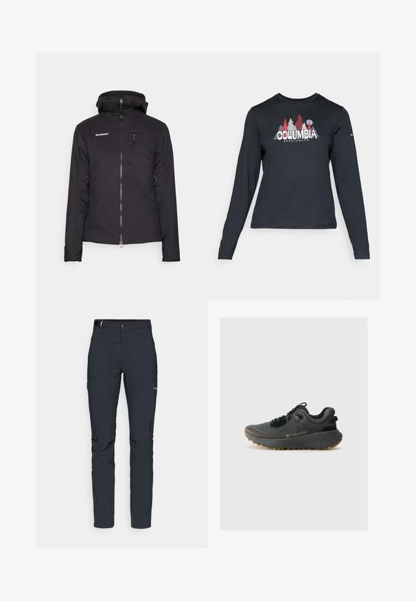 Svart isolert jakke med glidelås foran og hette, har brystlomme og sidelommer, laget av glatt, slitesterkt stoff.; Langermet mørkegrå skjorte med grafikk av røde trær og fjell; "COLUMBIA" logo i fet hvit tekst. Mykt stoff, standard rund hals.; Herre utendørsbukser, mørkegrå, laget av fleksibelt materiale, med belte, glidelåslommer og forsterkede sømmer.; Columbia TERRASTRIDE CRZ - Fjellsko - shark/black