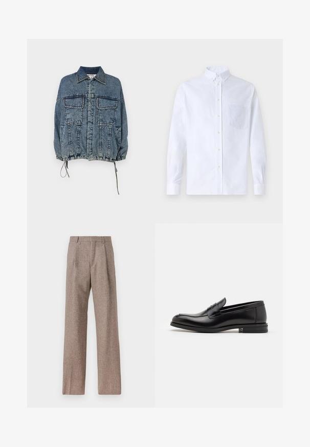 Džínová bunda s golierom, dvoma prednými vreckami, elastickým lemom a manžetami, v bledom modrom umývaní s výrazným prešívaním.; Biely dlhý rukáv košeľa s gombíkmi vyrobená z bavlny, s náprsného vrecka s tonálnou výšivkou, golierom a gombíkovými manžetami.; Hnedé, vysoké nohavice vyrobené z texturovanej látky. Majú široké nohavice a dva predné záhyby pre štruktúru. Úhľadné spracovanie bez viditeľného kovania.; Čierne kožené mokasíny s hladkou textúrou, zaoblenou špičkou a dekoračným pásikom cez priehlavok. Nízky vrstvený opätok, minimalistický dizajn.