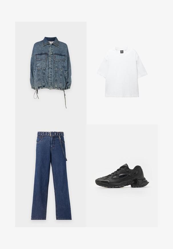 Farmerdzseki galléros nyakkal, két elülső zsebbel, rugalmas alsó résszel és mandzsettával, elhalványult kék színben, jól látható varrási részletekkel.; Fehér, rövid ujjú póló, pamutból készült, kerek nyakkivágással és laza, egyenes szabással. Nincsenek minták vagy díszítések.; Sötétkék farmernadrág, egyenes szárú kialakítással, mintás övvel, fém szemekkel és hozzáillő övtartóval.; Fekete sportcipők texturált szintetikus felső résszel, kerek orral és jellegzetes ovális kivágásokkal. A talp tartós gumihoz biztosít tapadást.