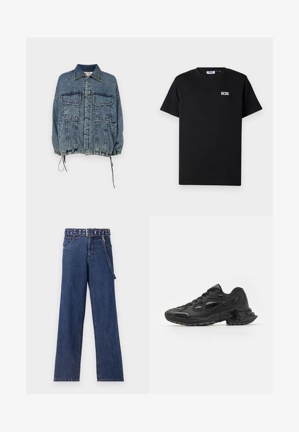 Denim jakk, millel on kraega kaelus, kaks esist askut, elastne hem ja mansetid, pleekinud sinises pesus ning selged õmblusdetailid.; Must harjastee särk, millel on ümar kaelus ja lühikesed varrukad. Vasakul rinnaosal asub valge "GCDS" logo.; Tumedast sinistest denimi teksad sirge lõikega, mis on varustatud mustrilise vööga, millel on metallist silmad ja sobiv vööaas.; Mustad mustreeritud tehisülemaga mustad spordijalatsid, ümarate varvastega ja eristuslike ovaalsete lõigetega. Omavad robustset kummist tallat, mis tagab haarde.