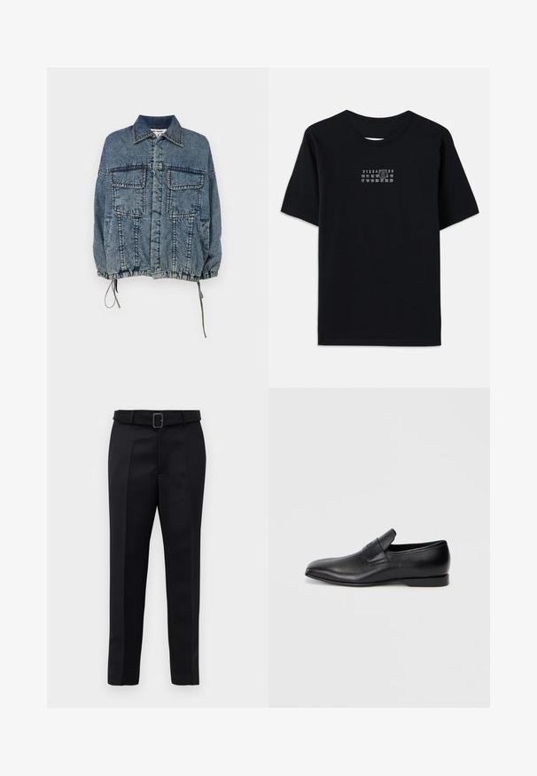 Džinsinė striukė su apykakle, dviem priekinėm kišenėm, elastinga apačia ir rankogaliais, iš nukalkėjusios mėlynos spalvos su išskirtiniais siuvimo detalėmis.; Juodas medvilnės marškinėliai su trumpomis rankovėmis ir apvaliu iškirpimu. Pirmame kyne yra baltas numerinis spaudinys su stilizuotu skaičiumi '6'.; Juodos pritaikytos kelnės turi lygią medžiagą, tiesų kirpimą ir diržą su stačiakampiu sagtimi. Išskirtiniai priekiniai raukšliai pagerina dizainą.; Juodos odinės slip-on tipo bateliai su smailiu pirštu, lygia tekstūra ir subtiliu ženklinimu šone. Žemas kulnas su tvarkingu, minimalistiniu dizainu.