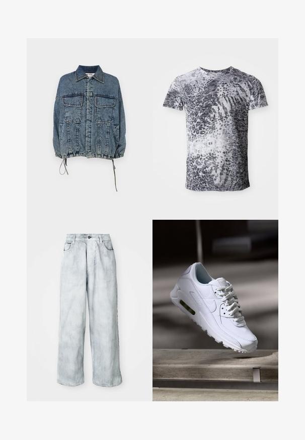 Denim jakk, millel on kraega kaelus, kaks esist askut, elastne hem ja mansetid, pleekinud sinises pesus ning selged õmblusdetailid.; Lühikeste varrukatega t-särk halli ja valge leopardimustriga. Valmistatud pehmest kangast, ümar kaeluse disainiga.; Heleroheline laiade sääretega teksad, millel on kõrge vöökoht, eesnupuga ja tõmblukuga kinnitamine, vöölukud ning ees- ja tagakotid.; Valge nahast tennisete õhustuskujuga pinnad, pehmendustega krae ja nähtav õhuklapp tallas. Omab paelu ja minimaliseeritud disaini.