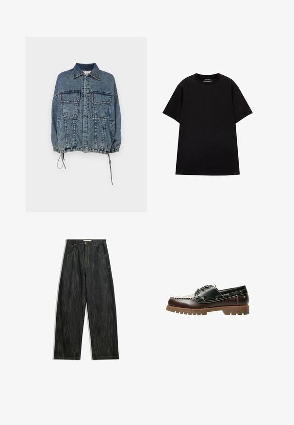 Jeansjacka med krage, två framfickor, elastisk nederkant och ärmslut, i en blekt blå tvätt med definierade sömnadsdetaljer.; PULL&BEAR JOIN LIFE - T-shirt - bas - black; Mörka denimjeans med lös passform, med subtil vertikal textur, gula sömmar, fem fickor och klassisk knappstängning.; Brun och svart lädersko i båtstil med snörning, kontrastsömmar och en texturerad gummisula. Har metalldetaljer vid hålen för snörena och en rundad tå.