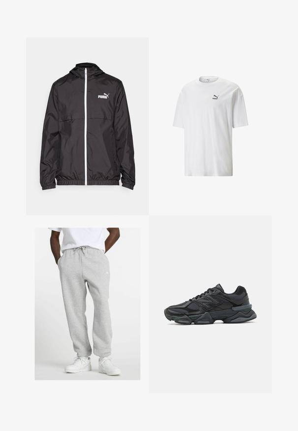 Sort letvægts hættejakke med lynlås foran, elastiske ærmer og et hvidt logo på brystet. Satinoverflade med et kompakt design.; Hvid bomulds T-shirt med rund halsudskæring og korte ærmer. Har et lille sort Puma-logo på venstre bryst. Glat tekstur, afslappet pasform.; Mand iført lysegrå træningsbukser med snøring og hvide sneakers, stående med hænderne i lommerne på en hvid baggrund.; Sorte løbesko med en blanding af mesh og syntetiske materialer, kraftig sål, buet design og fremtrædende branding på siden.