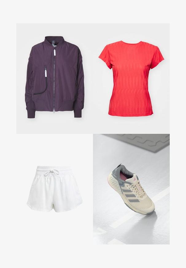 Lilla bomberjakke laget av lett stoff, med glidelås foran, ribbestrikkede mansjetter og sidelommer med kontrastglidelåser.; Rød t-skjorte med korte ermer som har et teksturert bølgete mønster, rund hals og en litt løs passform. Stoffet ser lett og pustende ut.; Hvite sportsbukser med elastisk midje og justerbar snor. Laget av lett materiale, med sidelommer og løs passform.; Beige atletisk sko med grå aksenter, mesh-overdel og en teksturert såle. Har tre grå striper og rosa interiør detaljer.