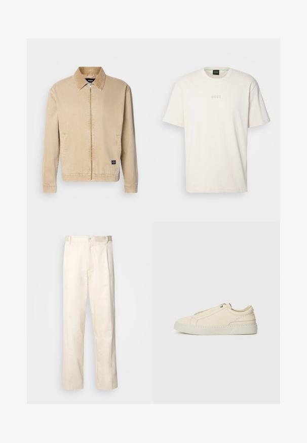 Béžová, ľahká bunda s golierom, predným zipsom a bočnými vreckami. Obsahuje malú značkovú nášivku na leme. Hladká tekstúra.; BOSS TEE - Základné tričko - open white; Béžové bavlnené nohavice so strihom rovného nohu, s gombíkovým zapínaním a záhybmi vpredu pre pridanie detailu.; Beige kožené tenisky s okrúhlou špičkou, minimalistickým dizajnom, jemnými švy a textúrovaným povrchom, na svetlej podrážke.