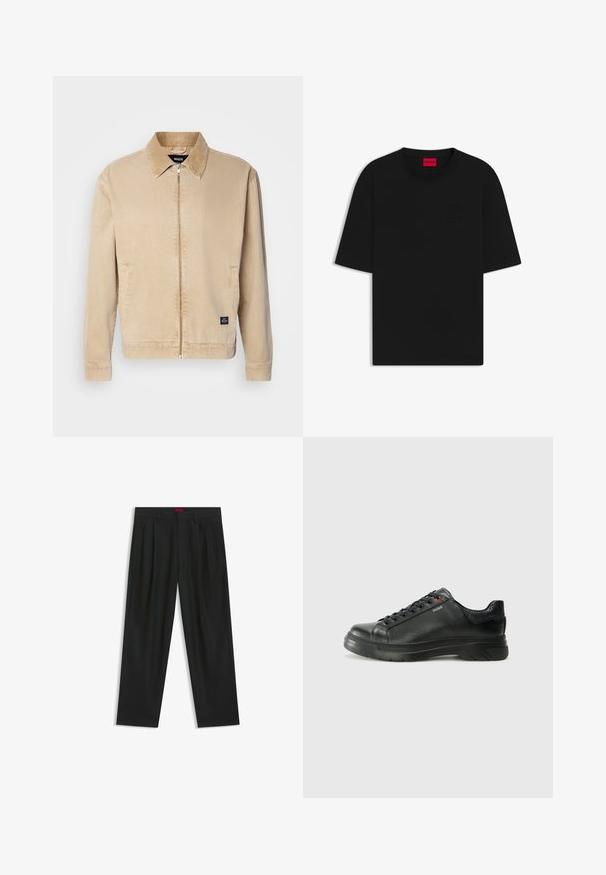 Beige, lightweight jacket with a collar, front zip closure, and side pockets. Features a small brand label on the hem. Smooth texture.; Black short-sleeve t-shirt made from cotton, features a crew neck and embossed logo on the front, with a relaxed, loose fit.; Black trousers with a pleated design, wide leg shape, and a smooth texture. Features a red waistband tag.; Black leather sneaker with textured upper, padded collar, and red logo detail. Features a thick rubber sole with distinct tread pattern.