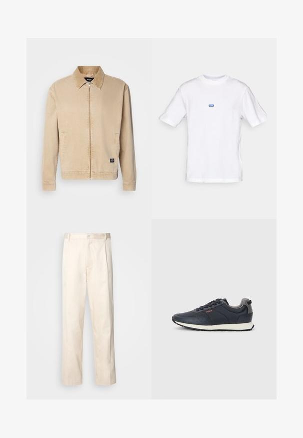 Chaqueta ligera beige con cuello, cierre frontal con cremallera y bolsillos laterales. Tiene una pequeña etiqueta de la marca en el dobladillo. Textura suave.; Camiseta blanca de algodón con mangas cortas, cuello redondo y una pequeña etiqueta azul "HUGO" en la parte superior del pecho. Textura suave, ajuste clásico.; Pantalones de algodón beige con corte recto, que cuentan con un cierre de botón y pliegues en la parte frontal para un detalle adicional.; Zapatillas de deporte azul marino con una parte superior sintética suave, punta redondeada, detalles en gris, diseño con cordones y una entresuela blanca con una suela exterior negra texturizada.