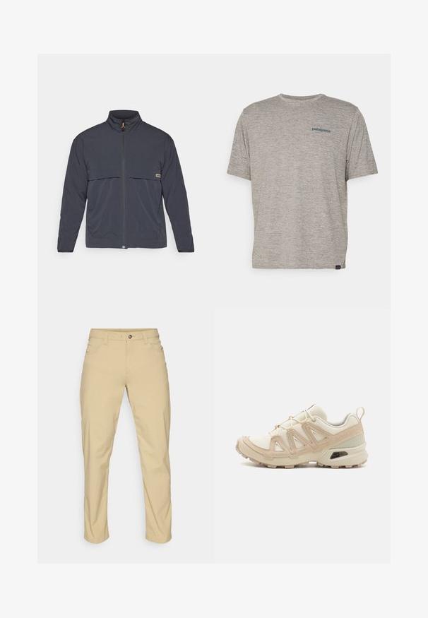 Tmavě šedá bunda s vysokým límcem, plným předním zipem a dvěma předními kapsami. Obsahuje oranžové táhlo zipu a horizontální kapsu na hrudi.; Šedé tričko s krátkým rukávem vyrobené z měkké, texturované látky, se malým modrým logem Patagonia na levé straně hrudi. Žádné další vzory.; Patagonia QUANDARY PANTS - Outdoorové kalhoty - classic tan; Béžová a krémová sportovní obuv s texturovaným síťovaným svrškem, podpůrnými překryvy a gumovou podrážkou s dezénem pro lepší přilnavost.