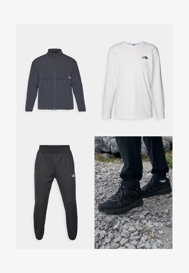 Tummanharmaa takki, jossa on korkea kaulus, pitkä vetoketju edessä ja kaksi etutaskua. Varustettu oranssilla vetoketjun vedin ja vaakasuuntaisella rintataskulla.; Valkoinen pitkähihaisen T-paita, joka on valmistettu puuvillasta ja jossa on pyöreä kaula-aukko. Rintamuksessa on pieni musta logo. Sileä kangas, normaali malli.; Mustat collegehousut, joissa on nauhakuomu vyötäröllä, kapeneva fit, elastiset hihansuut ja pieni valkoinen logo vasemmassa reidessä, valmistettu sileästä kankaasta.; Mustat ulkokengät, joissa on verkko- ja synteettinen materiaali, teksturoitu päällinen, varma nauhoitusjärjestelmä ja kestävä pohja kivikkoisella maastolla.