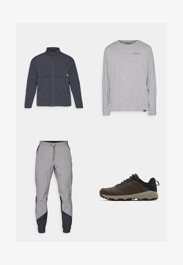 Ciemnoszara kurtka z wysokim kołnierzem, pełnym zamkiem błyskawicznym z przodu oraz dwiema przednimi kieszeniami. Posiada pomarańczowy uchwyt zamka i poziomą kieszeń na klatce piersiowej.; Jasnoszara, długosleeve'owa koszulka wykonana z miękkiego, strukturalnego materiału. Posiada okrągły dekolt i małe niebieskie logo Patagonia na piersi.; Lekki, szare spodnie sportowe z czarnymi akcentami. Elastyczny pas, zapięcie na sznurek, zwężający się krój nogawek oraz boczne kieszenie.; Brązowe wodoodporne trampki z teksturowaną cholewką, perforowanymi akcentami, czarnym wsparciem pięty i szarym gumowym podeszwy. Sznurówki ozdobione metalowymi końcówkami.
