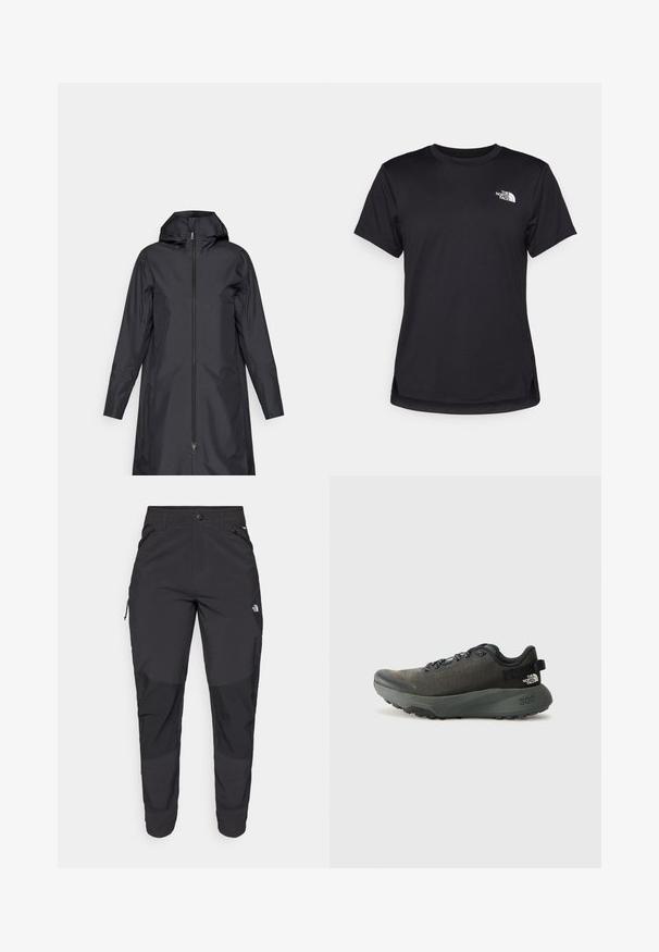 Juodas vandeniui atsparus lietpaltis su viso ilgio užtrauktuku, gobtuvu, ilgomis rankovėmis ir lygiu, lengvu paviršiumi. Minimalistinis dizainas be raštų.; The North Face FLEX SHORT SLEEVES TEE - Sportiniai marškinėliai trumpomis rankovėmis - black; Juodos lauko kelnės, pagamintos iš patvarios medžiagos. Turi užtraukiamas kišenes, sustiprintus kelio plotus ir tiesią konstrukciją, leidžiančią laisvai judėti.; Tamsiai pilkas sportinis batas su tekstūruotu audiniu, plokščiomis raištelėmis, sustiprintu nykščiu ir storu, tvirtu padu, užtikrinančiu sukibimą. 300 reljefiniu užrašu ant kulno.