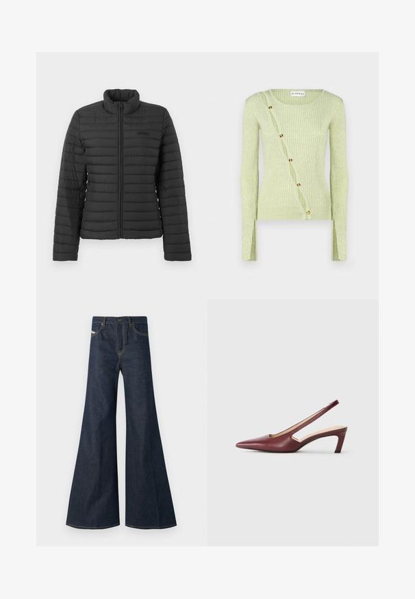 Svart quiltad jacka med långa ärmar, ståkrage och framfickslås, uppställd på en ljus enhetlig bakgrund.; Ljusgrön ribbad tröja med rund halsringning, långa ärmar och diagonal knäppning med guldtonade knappar. Mjukt tyg.; Mörkblå utsvängda jeans i denim med hög midja, gyllene sömnadsdetaljer och två framfickor med knäppning.; Bordeaux färgade slingbackklackar med spetsig tå, utskärningar på sidan och en klack av medelhöjd. Slät läderfinish.