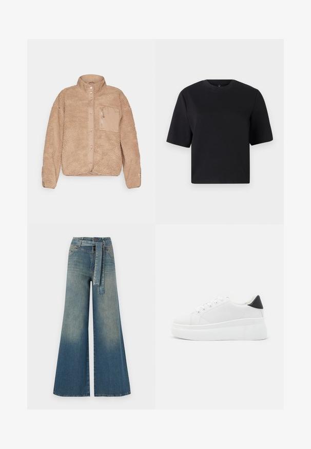 Smėlinis vilnos bliuzonas su aukštu apykakle, su priekiniais užtrauktuko kišenėmis ir spaudimo mygtukų uždarymu. Tekstūruotas paviršius su minkštu užbaigimu.; Juodas trumpas rankovės marškinėliai, apvaliu kaklu, pagaminti iš lygios medvilnės audinio; laisvas kirpimas, minimalus dizainas, be matomų raštų ar akcentų.; Platus džinsinis kelnes su šviesiai tamsiai mėlynu gradientu, aukštu juosmeniu, diržo kilpomis ir atitinkančiu audinio diržu. Textūruotas džinsinis paviršius.; Balti platforminiai sportbačiai, pagaminti iš lygios sintetinio audinio, su apvaliu pirštu, raištelių užsegimu ir tekstūruota guma padanga. Juodas kulno akcentas.