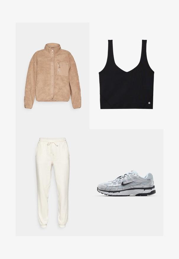 Veste en polaire beige avec un col montant, dotée d'une poche zippée à l'avant et d'une fermeture à pression. Surface texturée avec une finition douce.; Soutien-gorge de sport noir avec des bretelles larges, un design en V, un tissu texturé et un détail de logo à l'ourlet. Fini lisse, style minimaliste.; Pantalons de jogging beige clair en tissu doux, avec une taille élastique à cordon, des poches latérales et des chevilles resserrées.; Baskets Nike P-6000 avec une tige en mesh gris clair, des accents noirs et une semelle en caoutchouc noir durable. Présente un design complexe et un système de laçage.