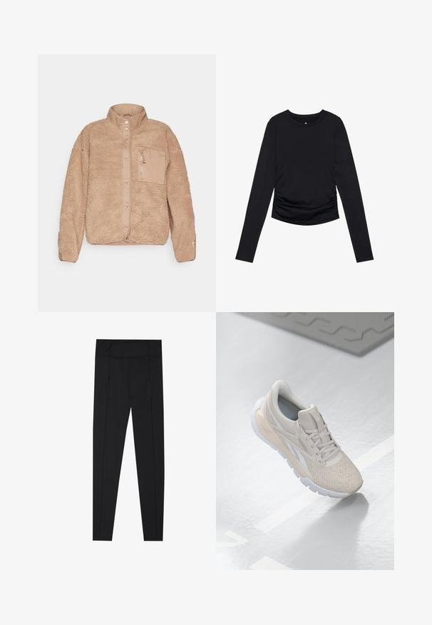 Giacca in fleece beige con colletto alto, dotata di tasca frontale con zip e chiusura a bottoni automatici. Superficie testurizzata con una finitura morbida.; Top nero a maniche lunghe con scollo rotondo e dettagli arricciati sui lati, esposto su uno sfondo bianco uniforme.; Leggings neri con una texture liscia, vita alta e dettagli di cucitura lungo i lati. Design slim-fit, adatti per diverse attività.; Scarpa atletica di un beige chiaro con tomaia perforata, accenti testurizzati, collo imbottito e suola in gomma bianca, progettata per comfort e traspirabilità.