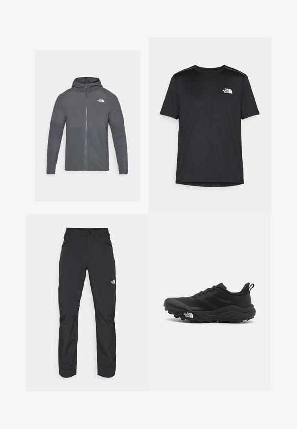Szürke bolyhos dzseki cipzáros elülső résszel, kapucnival és kontrasztos textúrájú panelek hozzáadásával. A The North Face logó a bal felső oldalon található.; Fekete, rövid ujjú póló, könnyű anyagból készült. Bal mellen egy kis fehér logó található, és finom vállrész kiemelések.; Fekete kültéri nadrág, cipzáras elülső zsebbel, szintetikus anyagból készült, szűkített lábakkal és megerősített térdpanelekkel. Gombos záródással rendelkezik.; Fekete terepfutó cipő, textúrált felső résszel, gumitalppal és megerősített lábujjrészével. Párnázott bokarésszel és húzófüllel rendelkezik a könnyű felhúzáshoz.
