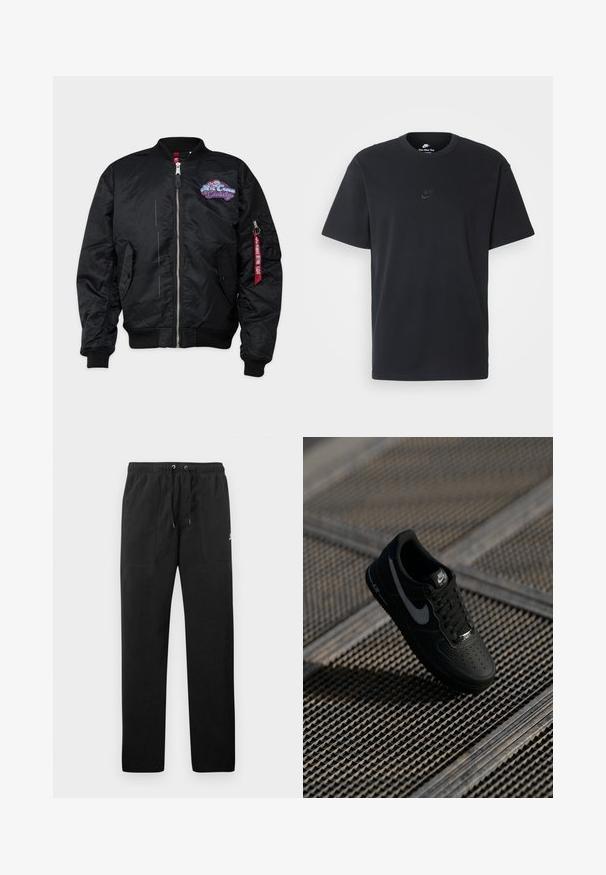 Alpha Industries Giubbotto Bomber - black; T-shirt in cotone nero della Nike con collo rotondo classico, maniche corte e un logo in rilievo discreto sul petto. Texture liscia.; Pantaloni sportivi neri in felpa, dotati di cintura elastica con cordini, due tasche anteriori e un piccolo logo sulla coscia.; Sneaker Nike Air Force 1 nera con una tomaia in pelle liscia, punta perforata, dettagli grigi e lacci neri, sospesa sopra una superficie testurizzata.