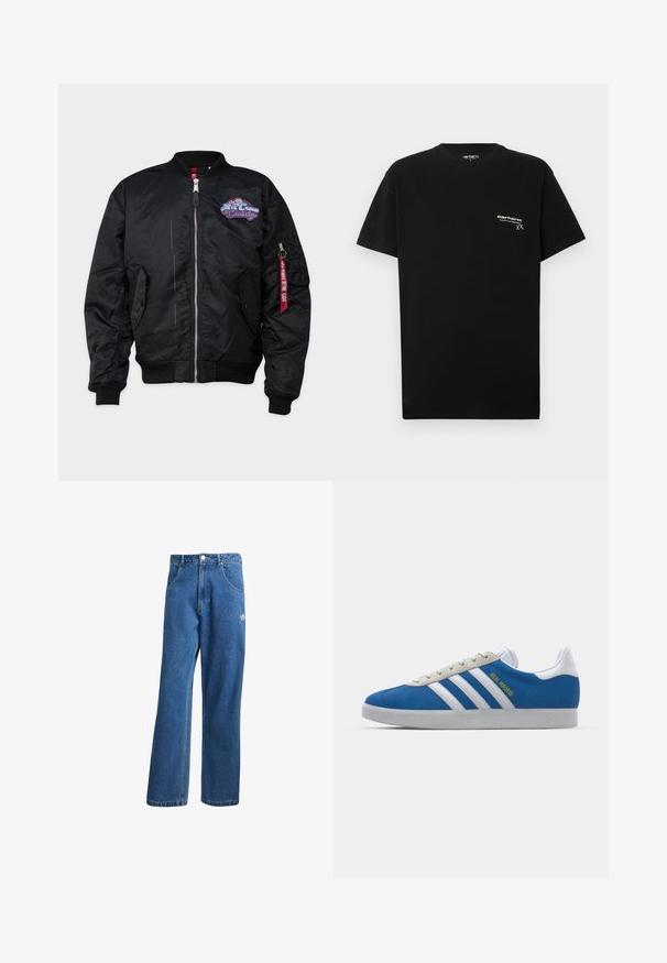 Alpha Industries Chaquetas bomber - black; Camiseta de algodón negra con mangas cortas, cuello redondo y un pequeño logo blanco impreso en el área del pecho izquierdo.; Vaqueros de mezclilla anchos de talle alto en azul, con bolsillos frontales, presillas para cinturón, cierre de botón y pequeño logo de Adidas en el muslo derecho.; adidas Originals ADIDAS GAZELLE SHOES - Botines de fútbol sala - real madrid/bluebird/footwear white/crew yellow