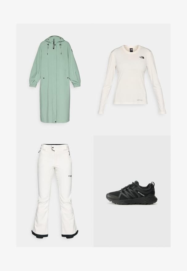 Svetlozelený, dlhý pršiplášť s kapucňou, vybavený elastickými manžetami, dvoma prednými vreckami a predným zipsom s šnúrkou na nastavenie.; The North Face SHADOW LONG SLEEVE - Top s dlhým rukávom - white dune; Biele lyžiarske nohavice vyrobené z mäkkého, flexibilného materiálu. Majú priliehavý pás, široké rozšírené nohavice a čierny lem na manžetách. Viditeľné logo značky.; Columbia PEAKFREAK - Turistické topánky - black
