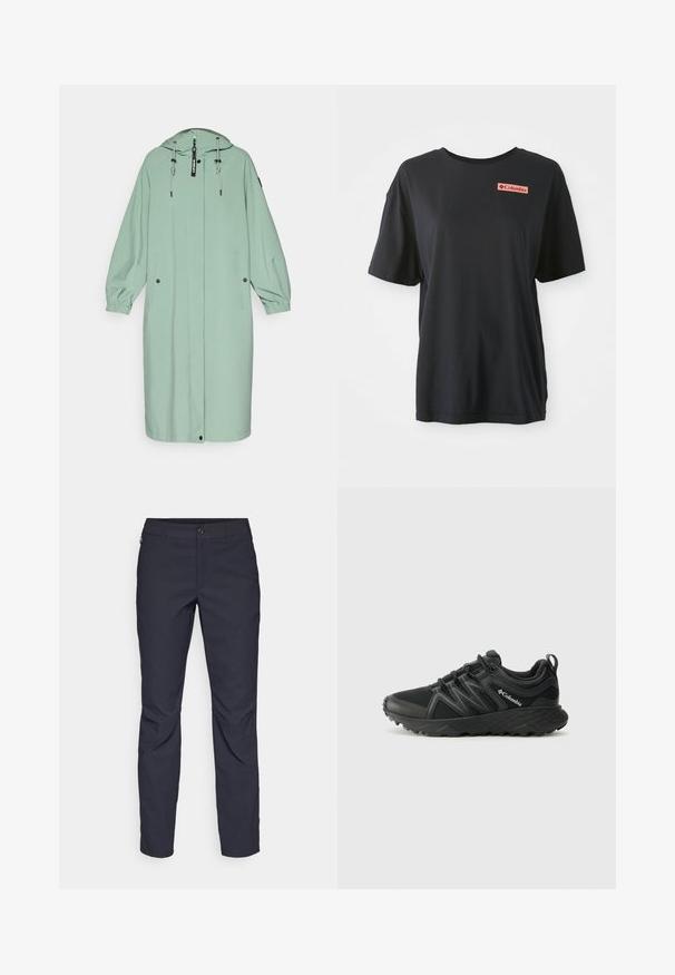Hellgrüner, langer Regenmantel mit Kapuze, elastischen Bündchen, zwei Fronttaschen und einem Reißverschluss mit verstellbarem Kordelzug.; Schwarzes Baumwoll-T-Shirt mit kurzen Ärmeln, lockerer Passform und einem roten rechteckigen Logo auf der linken Brust. Glatte Textur und schlichtes Design.; Marineblaue Hose aus glattem Stoff mit einem vorderen Knopfverschluss, schlankem Schnitt und gefalteten Details an den Knien.; Columbia PEAKFREAK - Hikingschuh - black