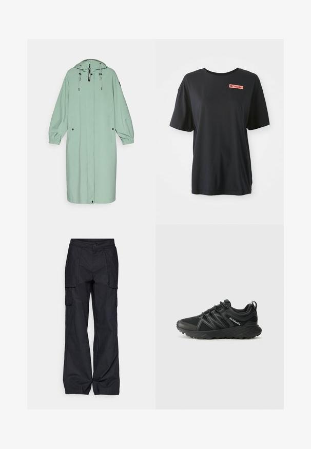 Impermeabile lungo di colore verde chiaro con cappuccio, dotato di polsini elasticizzati, due tasche frontali e una chiusura frontale con zip e cordino per la regolazione.; Maglietta nera in cotone con maniche corte, vestibilità comoda e un logo rettangolare rosso sul lato sinistro del petto. Tessuto liscio e design semplice.; Columbia BREA FALLS™ COTTON RIPSTOP PANT - Pantaloni outdoor - black; Columbia PEAKFREAK - Scarpa da hiking - black