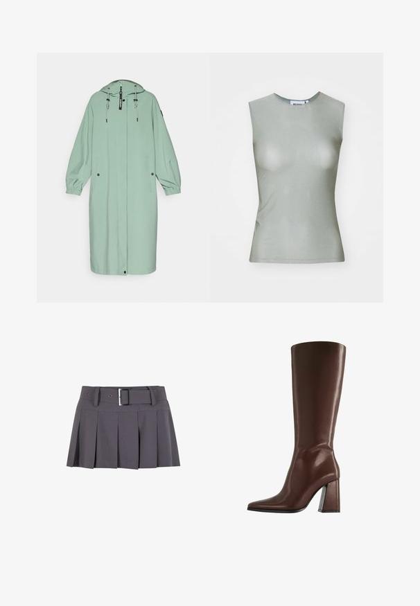 Impermeabil verde deschis, lung, cu glugă, având mansete elastice, două buzunare frontale și un fermoar frontal cu șnur pentru ajustare.; Top fără mâneci, de culoare verde deschis, realizat dintr-un material neted, având un gât înalt și o siluetă ajustată. Fără accesorii sau modele vizibile.; Fustă mini plisată gri cu o textură netedă, având un brâu lat, bucle pentru curea și un detaliu rectangular cu cataramă argintie.; Cizme maro din piele, până la genunchi, cu vârf ascuțit și toc gros de înălțime medie, prezentate în profil lateral pe fundal alb.