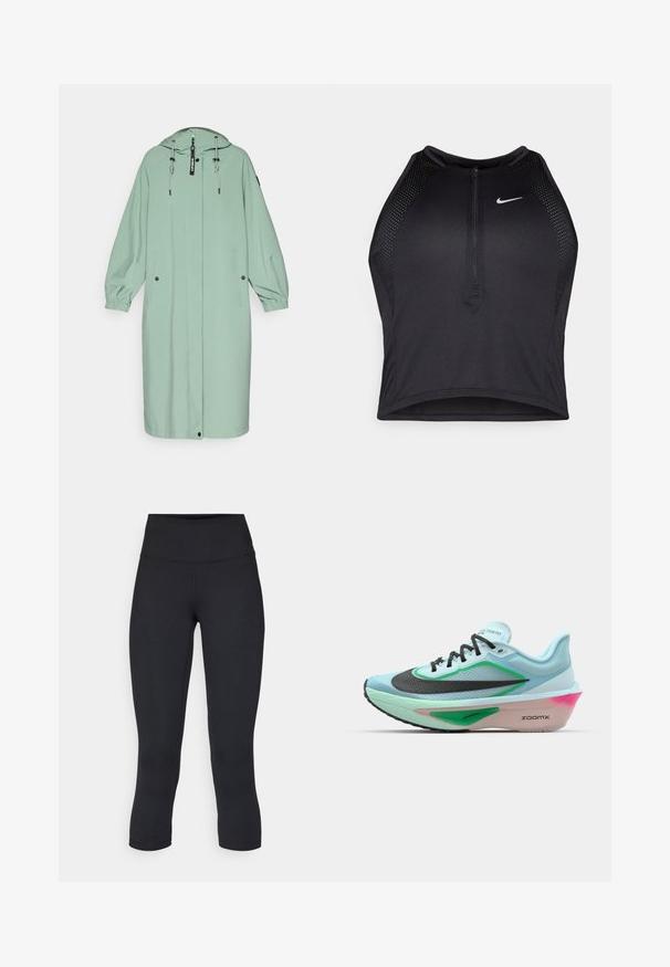 Trench de lluvia largo, de color verde claro, con capucha, que cuenta con puños elásticos, dos bolsillos frontales y un cierre frontal con cordón para ajuste.; Top corto deportivo negro con cremallera frontal, detalles de malla y un diseño ajustado. Fabricado con tejido elástico y transpirable. Logo de Nike en la parte frontal.; Leggings negros cortos hechos de tela elástica, con una cintura alta y una textura suave, sin patrones o herrajes visibles.; Zapatilla de running azul claro con una parte superior de malla negra texturizada, acentos verdes, una suela intermedia con tintes rosas y una suela de goma. Presenta cordones y marca.