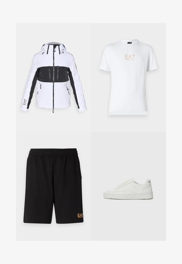 Bela in črna smučarska jakna s kapuco, z žepi na zadrgo, kontrastnim barvnim blokovnim oblikovanjem in teksturiranimi ramenimi poudarki.; Bela bombažna majica s krožnim izrezom in kratkimi rokavi, s pozlačenim logotipom EA7 Emporio Armani natisnjenim spredaj.; Črne športne kratke hlače iz mehkega blaga, z elastičnim pasom in majhnim rumenim logotipom EA7 na spodnjem levem delu noge.; Bela usnjena športna obutev z gladko površino, okroglo prst, ravne vezalke in teksturiran podplat. Ima diskretno logo na peti.
