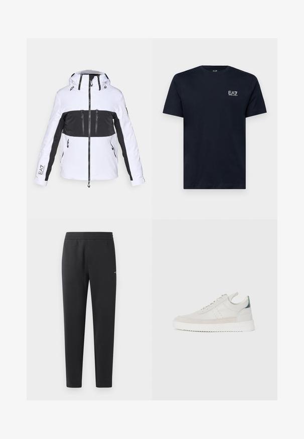 Valge ja must suusajakk kapuutsiga, millel on vetustatud taskud, kontrastses värviblokis disain ja tekstureeritud õlavarre aktsendid.; Tumed sinine puuvillane T-särk, millel on lühikesed varrukad, ümar kaelus ja väike valge tikand vasakul rinnaäärsel. Sile tekstuur.; Mustad jogger pants pehmest kangast, millel on elastne vöökoht, sirged sääred ja üks väike logodetail küljel.; Valged nahkstennised hallide seemisnahast detailidega, paeltega sulgemine, tõmmetab, ning reljeefne kummisoont, millel on siksakmuster.