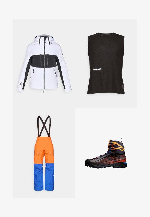 Biała i czarna kurtka narciarska z kapturem, z zapinanymi na zamek kieszeniami, kontrastowym designem w blokach kolorystycznych oraz teksturowanymi akcentami na ramionach.; Bezrukawnik w kolorze czarnym z teksturowanego materiału, z białym logo "Mammut" oraz małą czerwoną metką z boku, okrągły dekolt.; Pomarańczowe i niebieskie wodoodporne spodnie z czarnymi regulowanymi szelkami, zapinanymi na zamek kieszeniami z przodu oraz wzmocnionymi panelami na kolanach, idealne do aktywności na świeżym powietrzu.; Czarny i pomarańczowy but trekkingowy wykonany z siatki i gumowych materiałów. Posiada niebieskie akcenty, teksturowane wzory oraz wysoką cholewkę dla wsparcia.