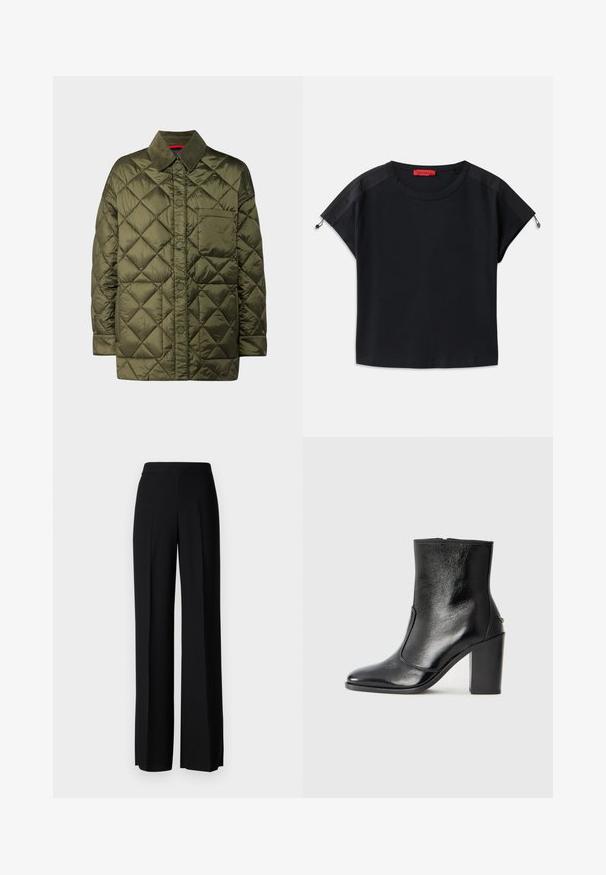 MAX&Co. LORIANA - Lahka jakna - green/black; Črna skrajšana majica s krožnim ovratnikom. Ima mehak material s satenskimi paneli na ramenih in detajlasti z vrvico na rokavih.; Črne široke hlače z gladko teksturo, z visokim pasom in središnjimi pregibi. Brez vidnih vzorcev ali kovinskih detajlov.; Črne usnjene gležnarske čevlje z gladko teksturo, koničastim nosom in debelim visokim petam. Imajo stransko odprtino in minimalističen dizajn.