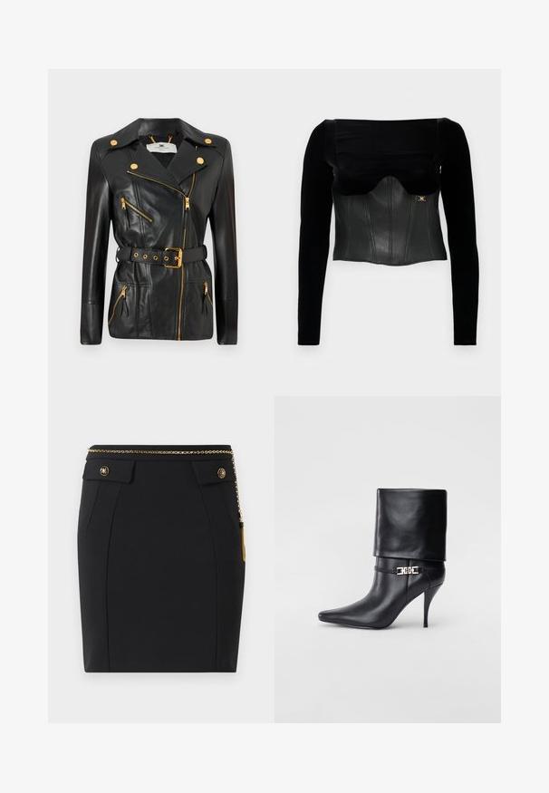 Sort læderjakke med talje bælte, guldfarvet hardware, asymmetrisk lynlåsdesign og fire lynlåslommer. Glat tekstur.; Sort langærmet top med en struktureret læderliv med en glat tekstur, en bred halsudskæring og en guldaccent på siden.; Sort tætsiddende nederdel med forlommer, dekorative guldknapper og et tyndt guldkjedebælte med en kvast på højre side.; Sort læder ankelstøvle med spids tå, høj stiletto hæl, fold-over manchet og en guld dekoreret spænde detalje på anklen.