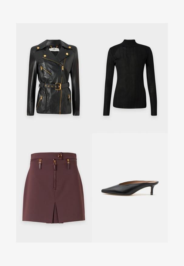 Jachetă din piele neagră cu talie cu curea, accesorii aurii, design al fermoarului asimetric și patru buzunare cu fermoar. Textură netedă.; Pulover negru pe gât, cu mâneci lungi, textură ribbed, material tricotat ușor și siluetă ajustată. Fără logo-uri sau modele vizibile.; Fustă mini burgundy cu o croială ajustată, având un fermoar frontal, fermoare decorative, o fanta și o închidere cu nasture și accente aurii.; Mule-uri negre din piele cu vârf ascuțit și tocul mic, pătrat. Textură netedă cu un design elegant. Spate deschis cu detalii minime.