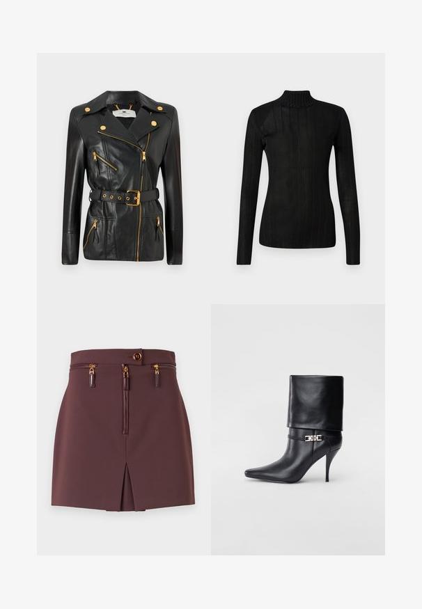 Giubbotto di pelle nera con vita cinturata, hardware dorato, design con zip asimmetrica e quattro tasche con zip. Texture liscia.; Maglione nero a collo alto con maniche lunghe, texture a coste, materiale in maglia leggero e silhouette aderente. Nessun logo o motivo visibile.; Gonna mini bordeaux a vestibilità slim, con zip frontale, zip decorative, uno spacco e chiusura con bottone con accenti dorati.; Stivale ankle in pelle nera con punta affusolata, alto tacco a stiletto, risvolto sulla caviglia e un elegante dettaglio in oro con fibbia decorativa.
