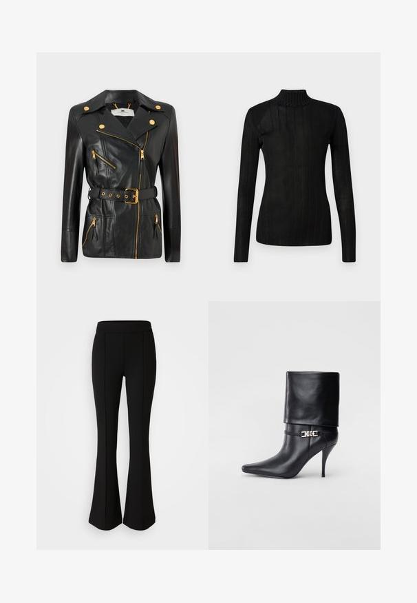 Schwarze Lederjacke mit tailliertem Schnitt, goldfarbenen Details, asymmetrischem Reißverschlussdesign und vier Reißverschlusstaschen. Glatte Textur.; Schwarzer Rollkragenpullover mit langen Ärmeln, gerippter Textur, leichtem Strickmaterial und taillierter Silhouette. Keine sichtbaren Logos oder Muster.; Schwarze, ausgestellte Hose aus einem dehnbaren Material mit glatter Textur, ausgestattet mit Nahtdetails an der Vorderseite für ein zusätzliches Designelement.; Schwarze Leder-Ankle-Boots mit spitzer Zehenpartie, hohen Stiletto-Absätzen, umgeschlagenem Schaft und einem goldenen dekorativen Schnallen-Detail an der Knöchel.